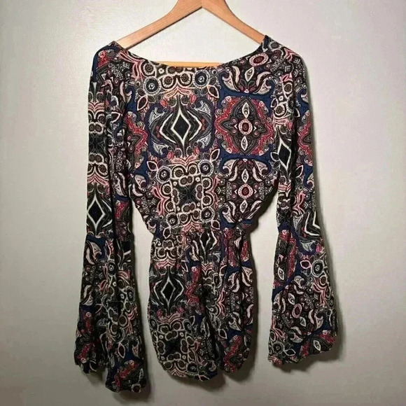 Abercrombie & Fitch Women's Blue Tan Short Bohemian Romper Small Wrap V-Neck - Picture 6 of 6
